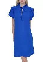 Women's Short Sleeve Ruffle Neck Solid Chiffon Shift Dress