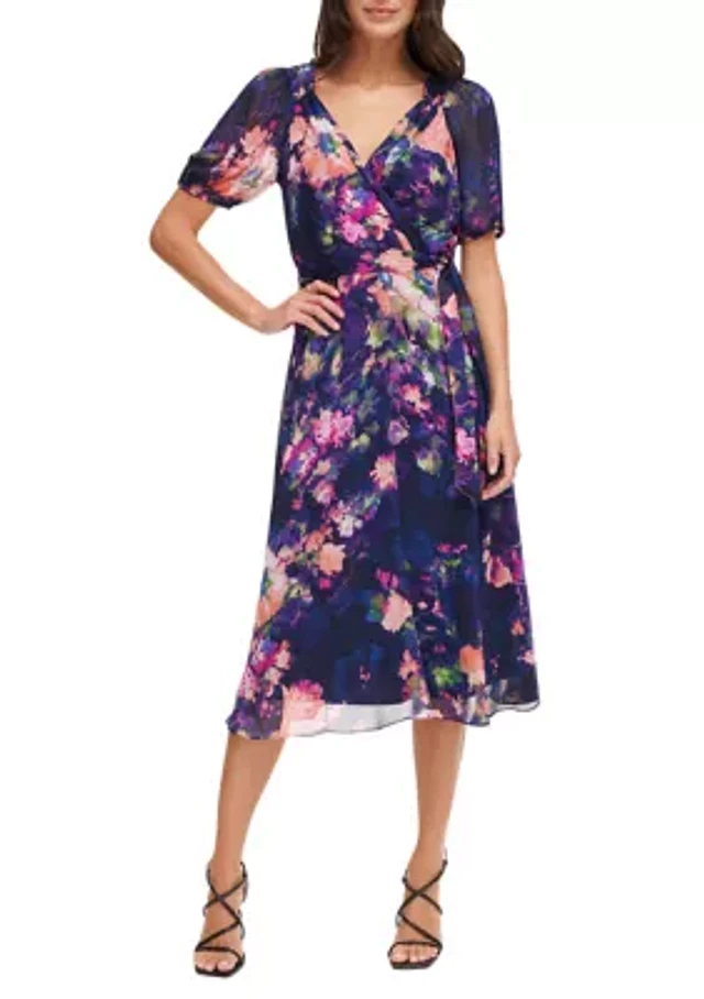 DKNY Women's Short Sleeve V-Neck Tie Waist Floral Chiffon Fit and Flare  Dress at Hamilton Place in Chattanooga, TN