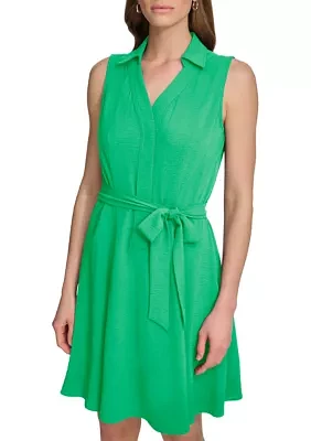 Women's Collared Solid Tie Waist A-Line Dress