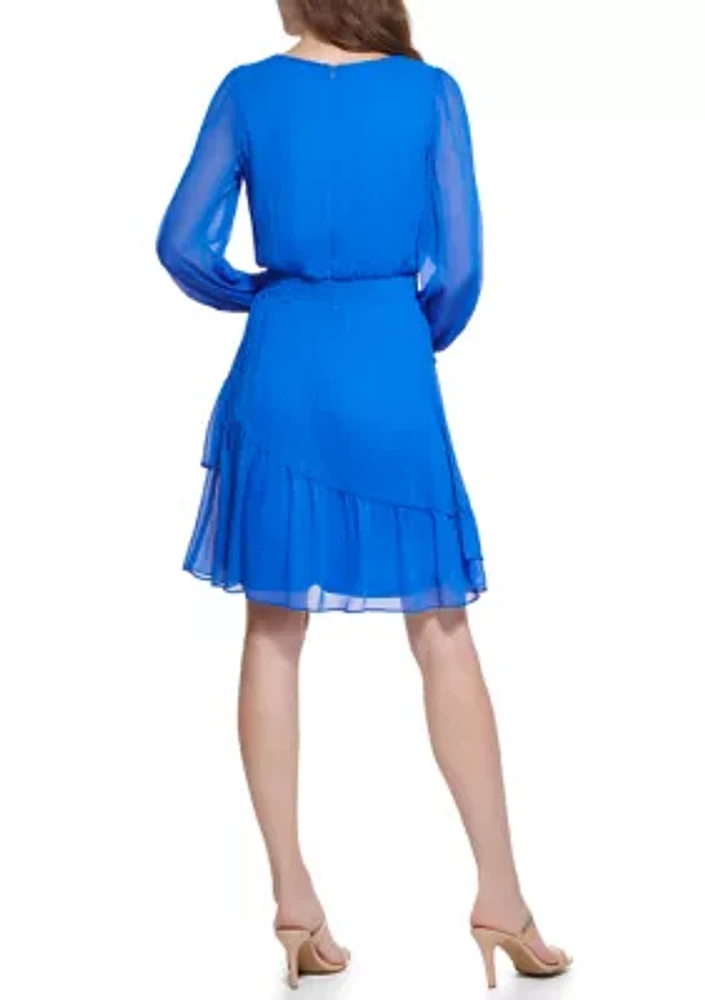 Women's Long Sleeve V-Neck Smocked Waist Solid Chiffon Fit and Flare Dress