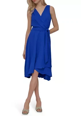 Women's Sleeveless V-Neck Solid Tie Waist Midi Dress