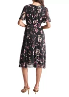 Women's Short Sleeve Round Neck Printed Chiffon Midi Dress
