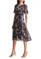 Women's Short Sleeve Round Neck Printed Chiffon Midi Dress