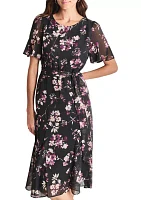 Women's Short Sleeve Round Neck Printed Chiffon Midi Dress