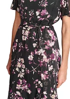 Women's Short Sleeve Round Neck Printed Chiffon Midi Dress