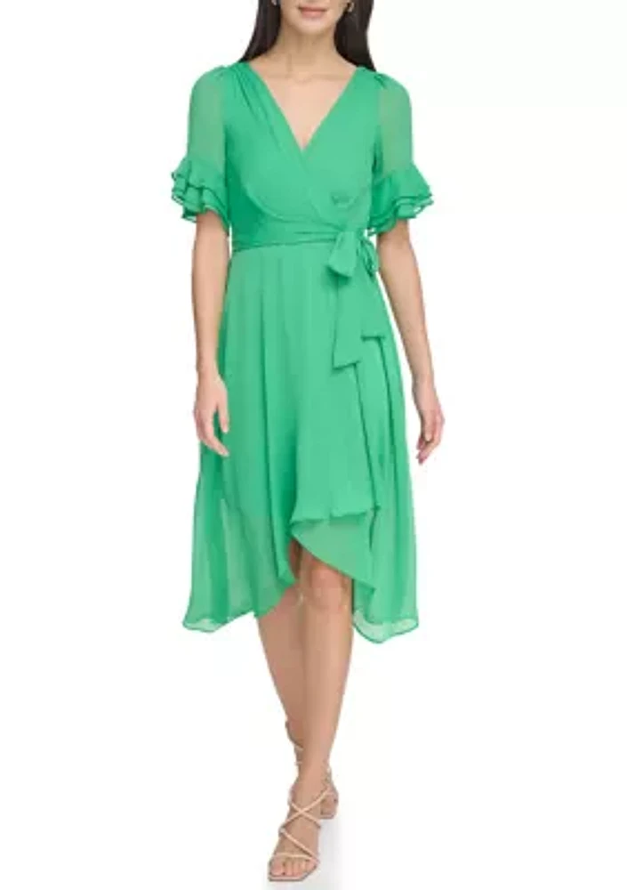 Women's Ruffle Detailed Tie Waist Solid Fit and Flare Dress