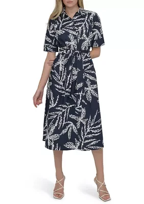 Women's Elbow Sleeve Collar Neck Leaf Print Shirtdress