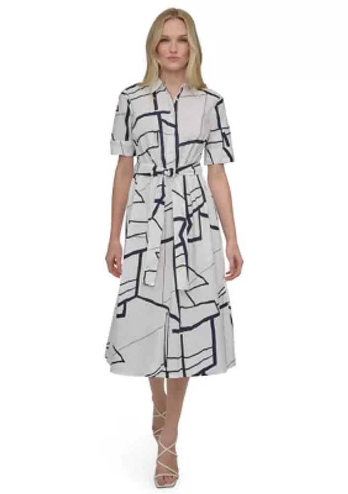 Women's Elbow Sleeve Collared Geo Print Shirtdress