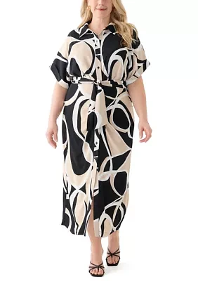 Plus Abstract Printed Belted Tie Waist Midi Dress