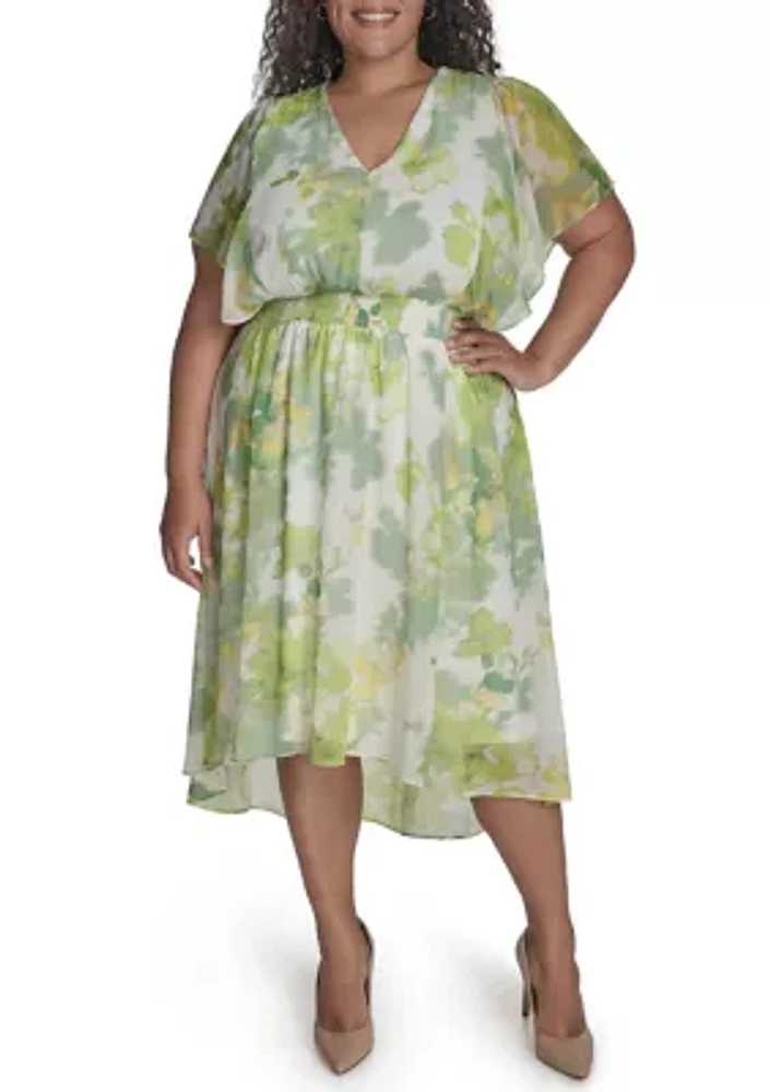 Plus Floral Printed Fit and Flare Chiffon Midi Dress