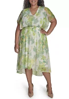 Plus Floral Printed Fit and Flare Chiffon Midi Dress