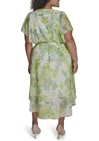 Plus Floral Printed Fit and Flare Chiffon Midi Dress