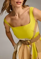 Women's Sleeveless Square Neck Abstract Print Fit and Flare Dress