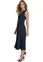Women's Sleeveless V-Neck Belted Midi Fit and Flare Dress