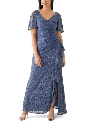 Women's V-Neck Ruffle Lace Gown