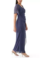 Women's Short Sleeve V-Neck Solid Ruch Chiffon Gown