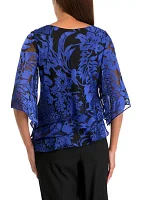 Women's 3/4 Sleeve Boat Neck Floral Print Chiffon Top