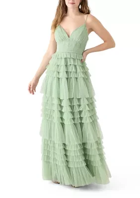 Women's Sleeveless V-Neck Mesh Tier Gown