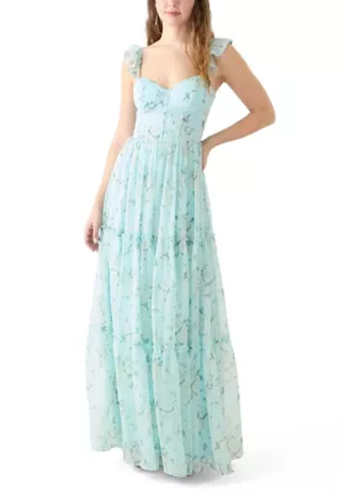 Women's Sleeveless Ruffle Shoulder Chiffon Printed Gown