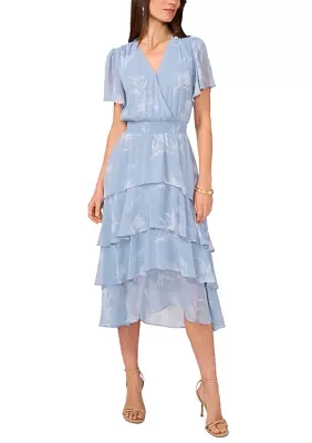 Women's Floral Printed Tiered Ruffle Midi Dress