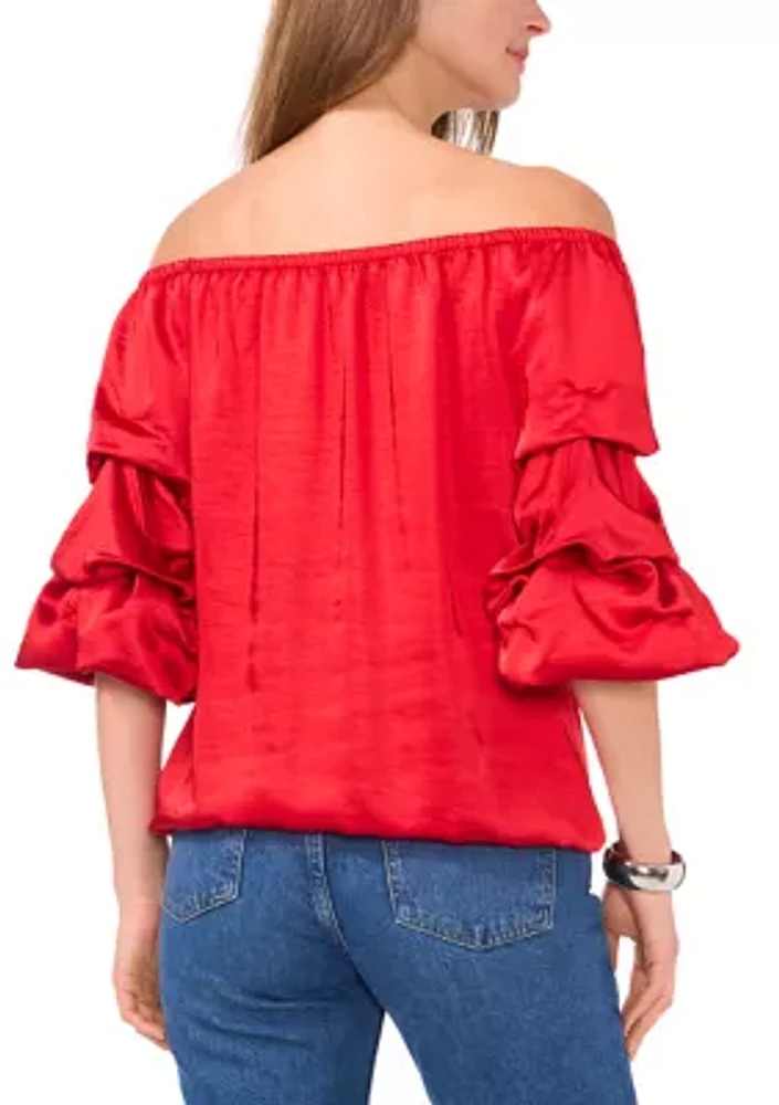 Petite Satin Cha Sleeve Off the Shoulder Top