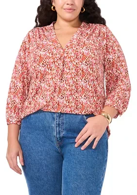 Plus Long Sleeve Split Neck Rumple Blouse