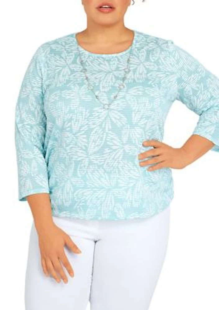 Plus Floral Jacquard Butterfly Knit Top with Necklace