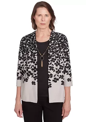 Petite Romancing The Stone Cascade Leaves Printed 2Fer Cardigan