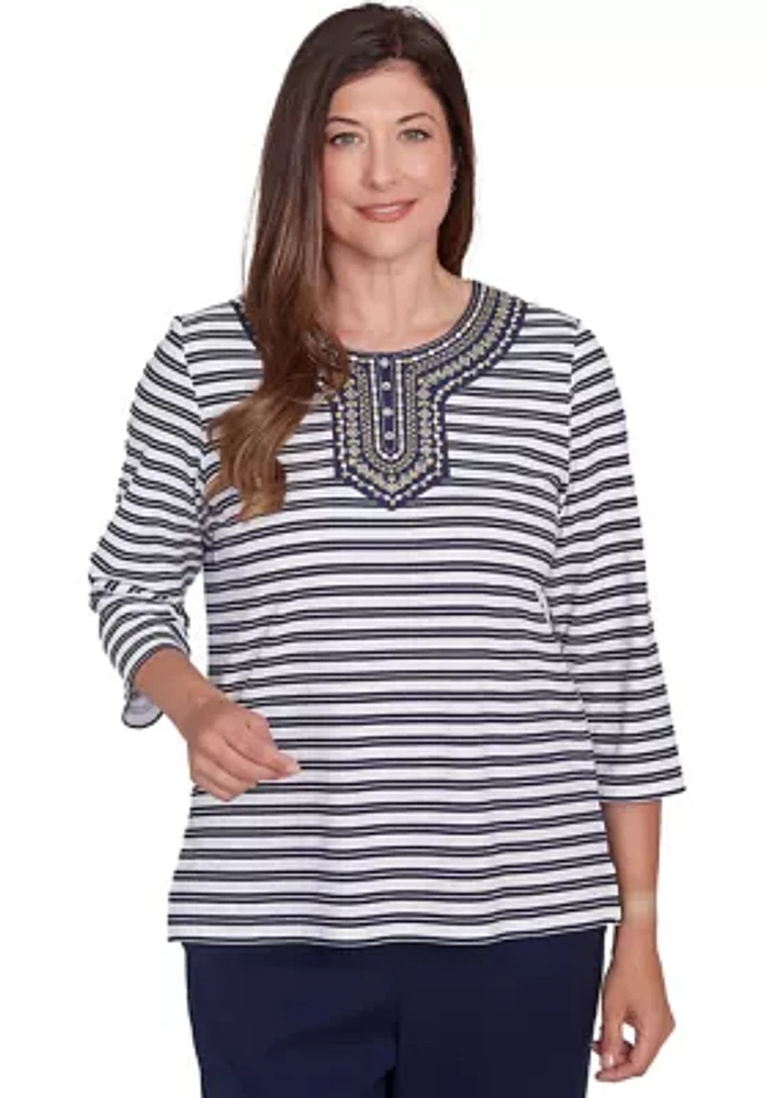 Petite Block Island Stripe with Embroidered Yoke Top