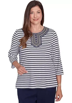 Petite Block Island Stripe with Embroidered Yoke Top
