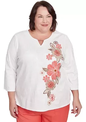 Plus Catalina Island Embroidered Flowers Top