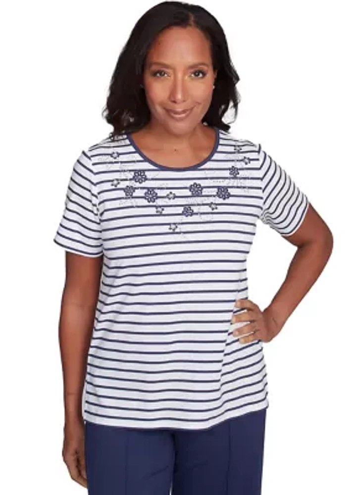 Petite Nantucket Stripe With Beaded Floral Yoke Top