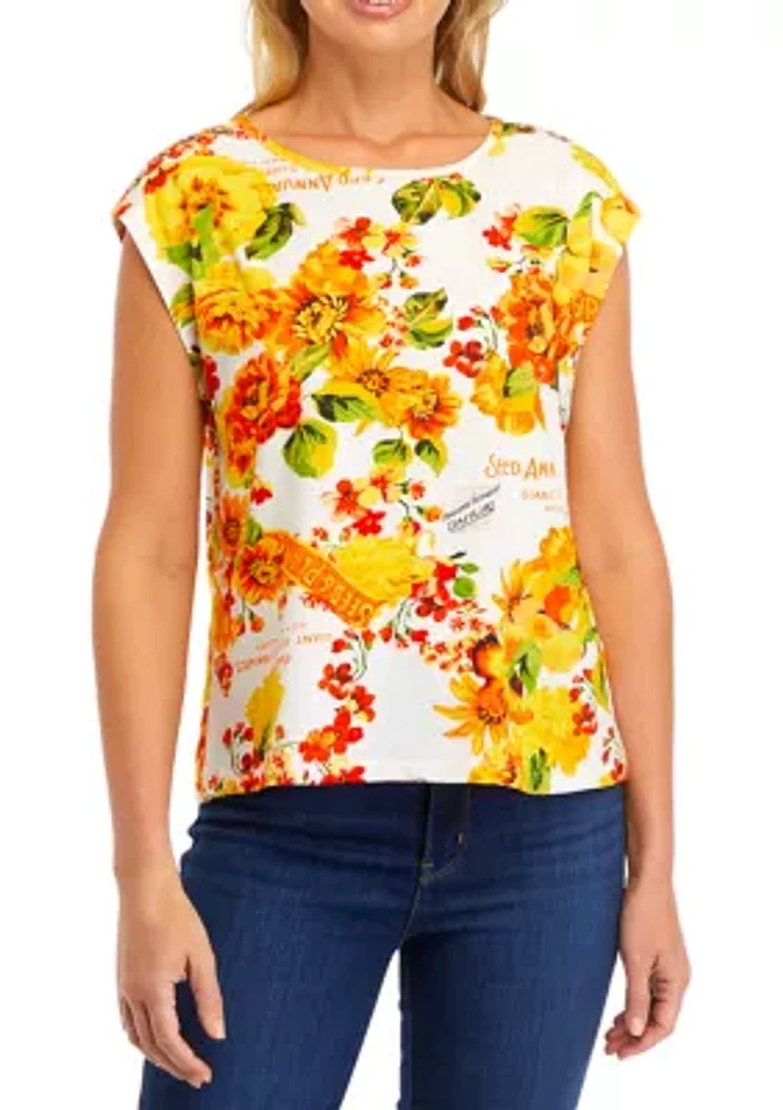 Petite Seed Packet Print Rivet Detail Cap Sleeve Tank Top