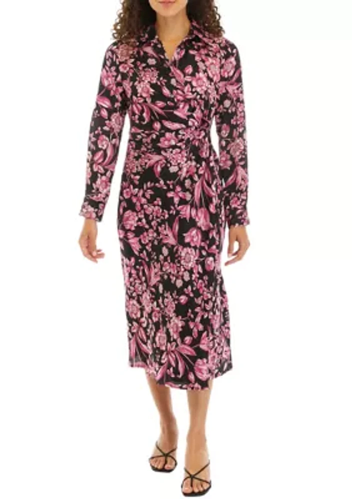 Petite Floral Print Gathered Popover Long Sleeve Midi Dress