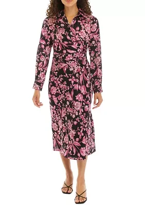 Petite Floral Print Gathered Popover Long Sleeve Midi Dress