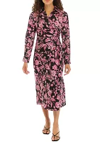 Petite Floral Print Gathered Popover Long Sleeve Midi Dress