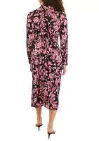 Petite Floral Print Gathered Popover Long Sleeve Midi Dress