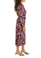 Petite Floral Print Gathered Popover Long Sleeve Midi Dress
