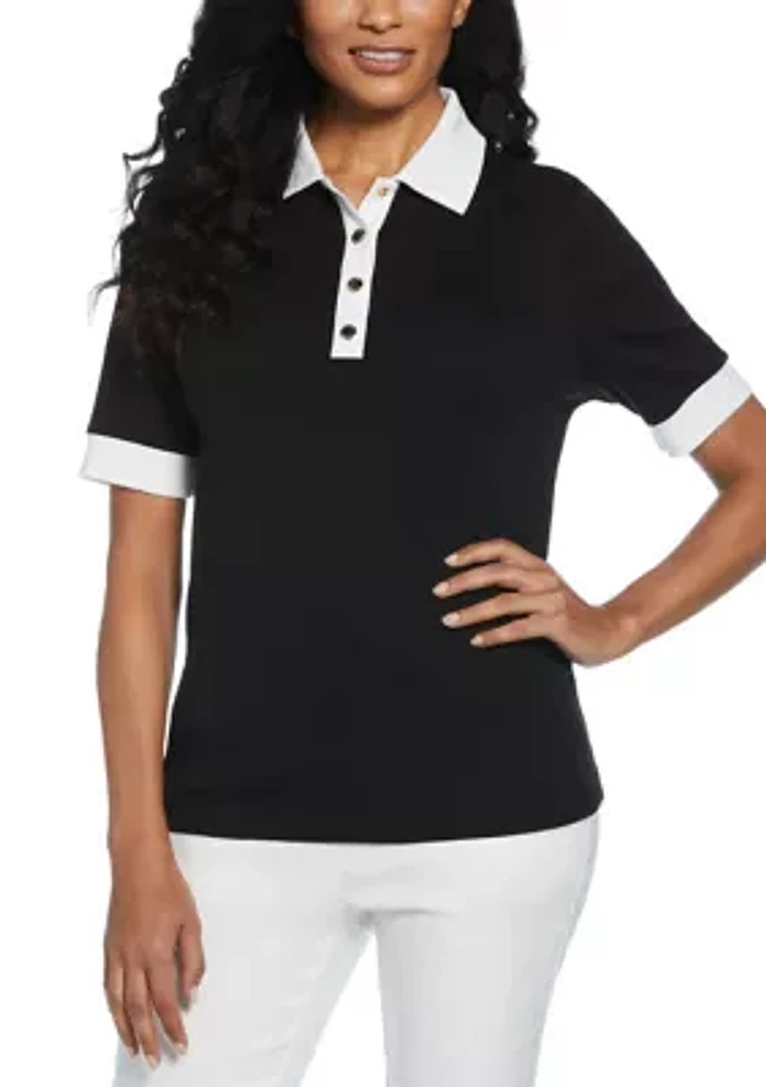 Women's Buttoned Elbow Length Sleeve Polo Shirt