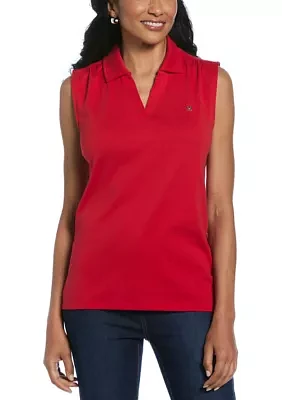 Women's Ribbed Collar Sleeveless Polo Shirt