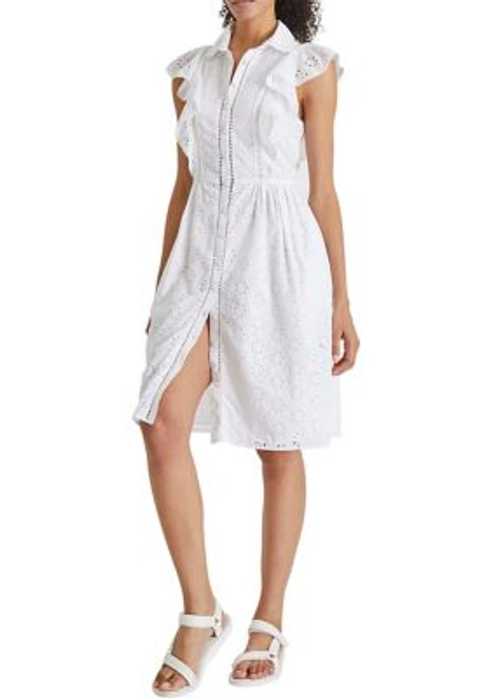 Flutter Sleeve Eyelet Floral Button Front Dress