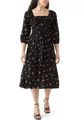 Women's Blouson Sleeve Smocked Midi Dress with Front Ruffle