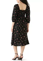Women's Blouson Sleeve Smocked Midi Dress with Front Ruffle