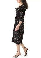 Women's Blouson Sleeve Smocked Midi Dress with Front Ruffle