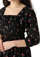 Women's Blouson Sleeve Smocked Midi Dress with Front Ruffle