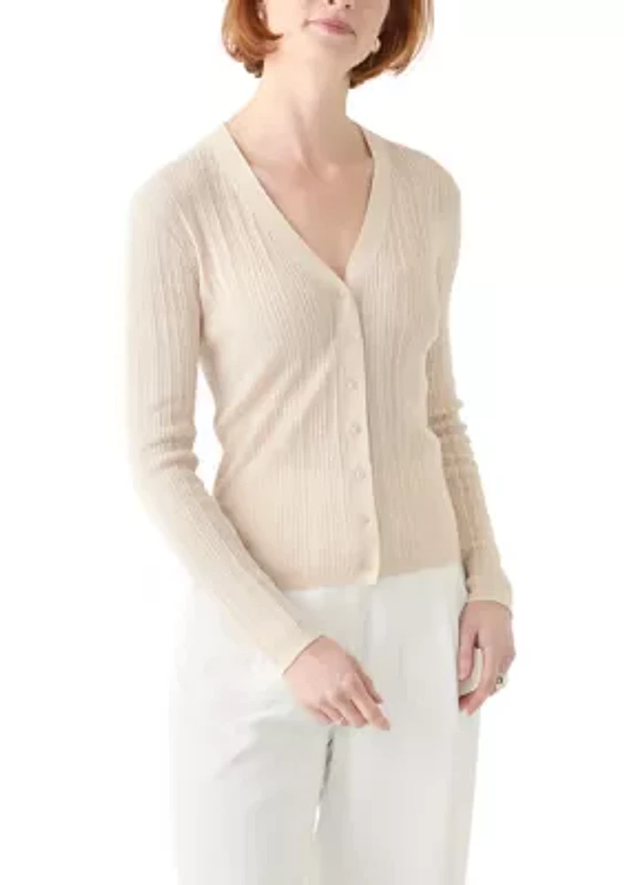 Women's Long Sleeve V-Neck Button Down Rib Linen Blend Cardigan