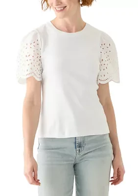 Women's Short Woven Eyelet Sleeve Knit Top