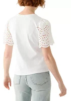 Women's Short Woven Eyelet Sleeve Knit Top