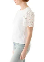 Women's Short Woven Eyelet Sleeve Knit Top