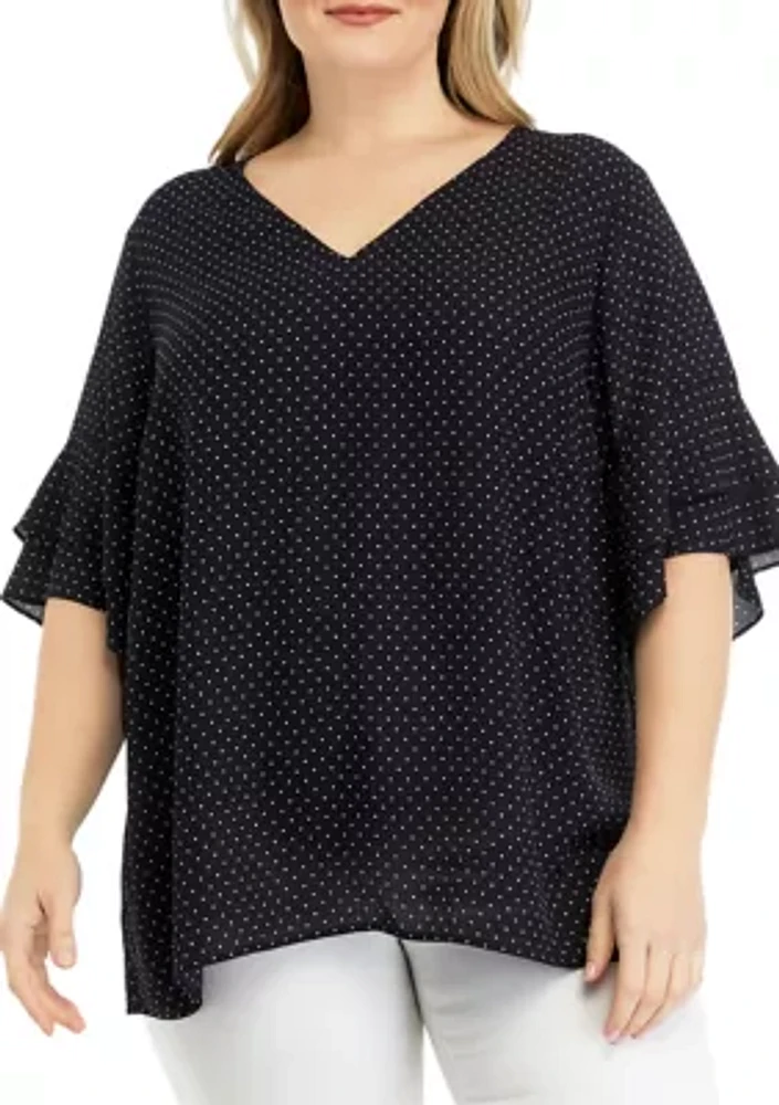 Plus Elbow V-Neck Woven Blouse with Ruffle Sleeve Detail